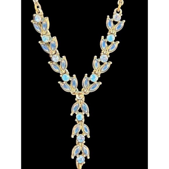 Teardrop Necklace With different colors of Blue stones and enamel painted leave - Picture 2 of 10